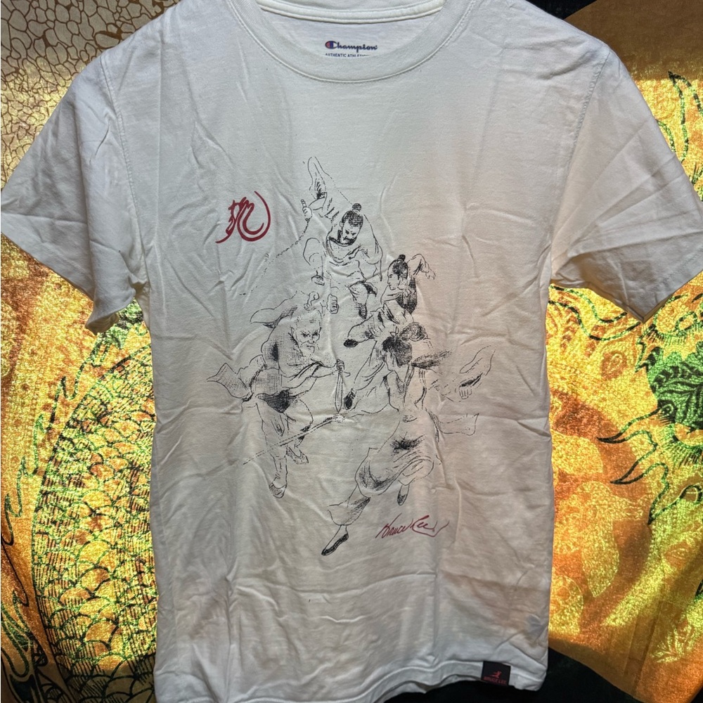 Bruce Lee fight scene drawing White Tee Red Martial Arts Design small